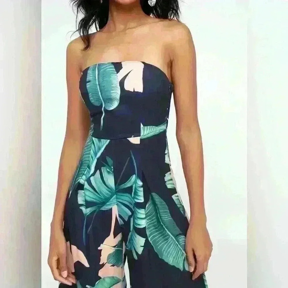 Lulu's Rainforest Blooms Navy Blue Print Strapless Midi Jumpsuit Women's Large - Picture 3 of 13
